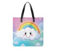 Cartoon Smiling Cloud Rainbow Tote Bag for Women, Extra Large PU Leather Handbag, Soft Shoulder Bag for Work & Beach