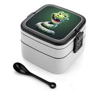 Cartoon Snake Green Bento Box with Spoon & Handle - 2 Compartment Leak-Proof Stackable Lunch Box for Adults, BPA-Free Reusable Food Containers for Work, Travel, Picnic