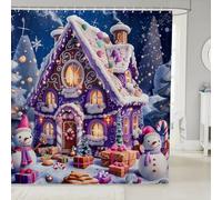 Cartoon Snowman Kids Shower Curtains,Christmas Candy Sweet Cabin Bathroom Curtain,Snowflake Bell Romantic Home Decor,Blue Purple Waterproof Curtains,12 Hooks Suits,72"W x 84"L