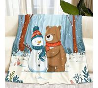 Cartoon Snowy Forest Sherpa Blanket Animal Little Bear Snowman Fleece Throw Blanket, White Plush Blankets for Kids Boys Girls 180 x 220 cm Hypoallergenic Fuzzy Blankets for Sofa Bed Couch