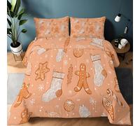 Cartoon Socks Gingerbread Man Stars Coverless Duvet Set Peach Velvet with 2 Pillowcases, Reversible Double Duvet All Seasons Comfy Bedding Set, Lightweight Warm Hypoallergenic Quilt 200 x 200 cm
