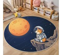Cartoon Space Animal Round Rugs 180cm, Dark Blue | Washable Soft Low Pile, Non-shedding, Corgi Astronaut Moon Starry Sky Circle Area Rug with Non-slip Backing for Kids Bedroom, Playroom Reading Corner