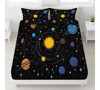 Cartoon Space Double Size Fitted Sheets - 30 cm Deep, Childlike Starry Sky Cosmos Planet Bedding Set, Soft Brushed Microfiber Fade Resistant Breathable Bed Sheet 135 x 190 cm
