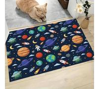 Cartoon Space Elements Thin Door Mats Indoor 50 x 80 cm, Non-Slip Machine Washable Front Door Mat Planets Astronauts Low Profile Doormat Absorbent Entrance Rug, Easy to Clean Carpet, Midnight Blue