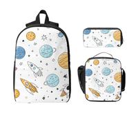 Cartoon Space Planet Backpack Set for Girls Boys with Lunch Bag Pencil Case Universe Rocket 3 Pieces School Bags Insulated Lunchbox Gifts for Women Men
