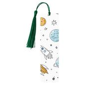 Cartoon Space Planet Bookmark Universe Rocket Wooden Bookmark with Tassel Book Mark for Women Men Reading Page Markers Gifts for Book Lovers