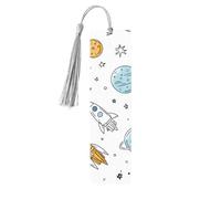 Cartoon Space Planet Bookmark Universe Rocket Wooden Bookmark with Tassel Book Mark for Women Men Reading Page Markers Gifts for Book Lovers