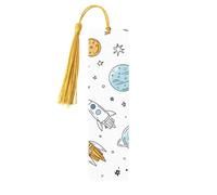 Cartoon Space Planet Bookmark Universe Rocket Wooden Bookmark with Tassel Book Mark for Women Men Reading Page Markers Gifts for Book Lovers