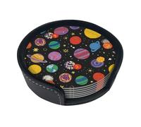 Cartoon Space Planet Coaster Fun Cartoon Patterns Circular Leather Coasters with Brackets