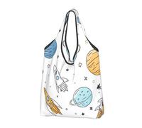 Cartoon Space Planet Foldable Shopping Bag Reusable Grocery Bags Universe Rocket Portable Travel Pounch for Camping Daily Use
