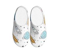 Cartoon Space Planet Women's Slippers Flannel House Slippers for Men Universe Rocket Non-Slip Warm Winter Shoes for Indoor Outdoor UK 7-8
