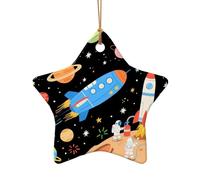 Cartoon Space Rocket Astronaut Ceramic Christmas Tree Ornament, Double-Sided Printed Star Shape Porcelain Hanging Decoration, Elegant Holiday Keepsake for Xmas Tree Home Office Gift Exchange