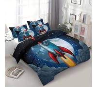 Cartoon Space Rocket Duvet Cover Single Size, 3D Print Comforter Cover Bedroom Decorative Bed Set Zipper Closure Easy Care, Dark Blue Bedding Set For Kids Boys Girls