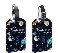 Cartoon Space Rocket Planet Stars Luggage Tags 2 Pack PU Leather Luggage Tags Privacy Protection