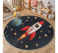 Cartoon Space Round Area Rug for Indoor 60cm, Rockets Planets Stars Printed Washable Rug, Non-Slip Foldable Red Circle Carpet, for Bedside Bedroom Living Room Dining Room Floor Mat