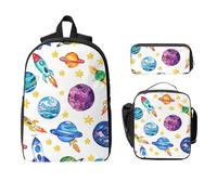Cartoon Space Ship Backpack Set for Girls Boys with Lunch Bag Pencil Case Colorful Planet 3 Pieces School Bags Insulated Lunchbox Gifts for Women Men