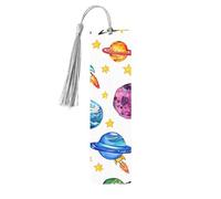 Cartoon Space Ship Bookmark Colorful Planet Wooden Bookmark with Tassel Book Mark for Women Men Reading Page Markers Gifts for Book Lovers