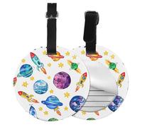 Cartoon Space Ship Round Luggage Tag 2PCS Colorful Planet PU Leather Travel Bag Tag ID Labels Name Card Holder wtih Buckle for Luggage Suitcase Backpacks