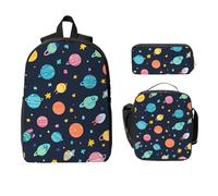 Cartoon Space Star Backpack Set for Girls Boys with Lunch Bag Pencil Case Colorful Planet 3 Pieces School Bags Insulated Lunchbox Gifts for Women Men