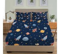 Cartoon Space Theme Fitted Sheet Microfibre 3 Piece, Bedding Fitted Sheets Extra Deep 30cm Dark Blue Bedding Sets Soft Elasticity Wrinkle Resistant for Single Bed 90x190 cm