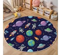 Cartoon Space Theme Round Area Rug, 60cm Astronaut Planet Constellation Soft Cosy Kid Play Rug, Anti-Slip Circle Carpet Soft Low Pile Floor Mats, Easy to Clean for Boys Girls Nursery Bedroom Decor