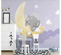 Cartoon Starry Sky Moon Elephant White Clouds 3D Wallpaper Easy Install Feature Office Living Room Sofa Bedroom TV Background Wall Decoration-250cm×170cm