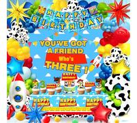 cartoon story birthday dexorations for three birthday. you've got a friend who's three