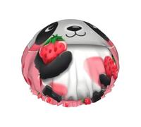 Cartoon Strawberry Panda Shower Caps for Women Reusable Waterproof Shower Bonnet Large Elastic Bath Caps Double Layers Bathing Hair Caps Designed for all Hair Lengths with PEVA Lining