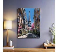 Cartoon Style 1 Piece Canvas Wall Art Paris Eiffel Tower street scene 3D Printed Artwork Framed Poster Wall Decoration for Living Room Dining Room Bedroom Office Ready to Hang 30 x 20 cm