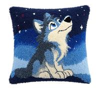 Cartoon style animal Latch Hook Kits DIY Throw Pillow Cover,little wolf looking up at the stars,Sofa Cushion Cover Embroidery Craft Kit for Adults And Beginners,Creativity Crochet Gift 17x17 Inch