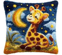 Cartoon style animal Latch Hook Kits Pillow,a little giraffe looking up at the stars,Printed Canvas Cushion DIY Kit Embroidery Pillowcase Rug Cover Home Sofa Christmas Decoration,17x17in