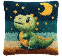 Cartoon style animals Latch Hook Cushion Cover Kits for Adults,A little dinosaur looking up at the stars,Crochet Kits for Beginners,DIY Cross Stitch Cushion,Embroidered Pillowcase,43x43cm