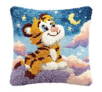 Cartoon style animals Latch Hook Cushion Kits,A little tiger looking up at the starry sky,Sofa Cushion Cover Cushion Embroidery Craft Kit for Beginners,Printed Canvas Creativity Crochet Gift,43x43cm