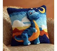 Cartoon style animals Latch Hook Kits for Adults Kids DIY,A little dinosaur looking up at the stars,Pillow Cover Making Kits Color Preprinted Canvas for Home Decoration Festival/Gift,17x17inch