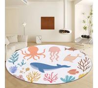 Cartoon Style Coral Seaweed Animal Round Area Rugs 60 cm, Washable Short Pile Area Rugs - White Print Soft Non Slip Carpets Easy Care for Living Room Bedroom Dining Room Nursery Office