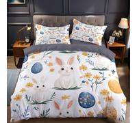 Cartoon Style Cot Bed Duvet Cover Set Easter bunny and daisies Toddler Bedding Sets Girls Boys Kids Soft Easy Care Bed Microfibre Quilt Cover 120x150 cm with Pillow Case