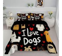 Cartoon Style Coverless Duvet Set with 1 Pillowcases, Single Reversible Duvet All Seasons with Dogs And Love Pattern, Lightweight and Warm Down Alternative, 135x200cm, Black