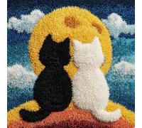Cartoon Style DIY Latch Hook Kits for Adults,A Black cat and a White cat on The Moon,Latch Hook Cushion Cover Kit,DIY Carpet Cushion Crocheting Pillowcase for Home,17x17in