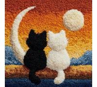 Cartoon Style DIY Latch Hook Pillow Kits for Adults,A Black cat and a White cat on The Moon,Beginner Cushion Cover Latch Hook Kit,Creative Craft for Family Home Decor,17x17in