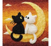 Cartoon Style Latch Hook Cushion Cover Kit,A Black cat and a White cat on The Moon,DIY Needlework Embroidery Kits Handmade Set Latch Hook Craft Sofa Home Decor,17x17in