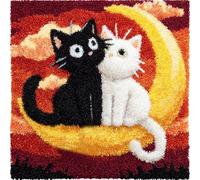 Cartoon Style Latch Hook Cushion Kits,A Black cat and a White cat on The Moon,Latch Hook Pillow Case,Embroidery Kits,DIY Needlework Pillow Cover Sofa Cushion Rug Making,17x17in