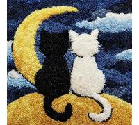 Cartoon Style Latch Hook Kit for Adults,A Black cat and a White cat on The Moon,DIY Latch Hook Cushion,Cross Stitch Embroidery Cushion Making Kits Home Decor,17x17in