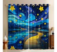 Cartoon Style Living Room Blackout Curtains W 55" x L 110" Starry sky wooden bridge and stars Eyelet Drapes Thermal Insulated Noise Reducing Room Darkening 3D Print Panels Set of 2