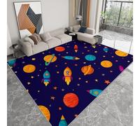 Cartoon Style Machine Washable Area Rug 120 x 170 cm, Colorful Space Rocket Universe Non-Slip Bedroom Rug - Low pile Printed Carpet for Living room Dining Room Office Game Room Carpet