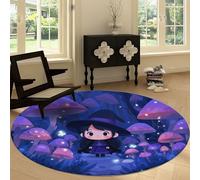 Cartoon Style Machine Washable Round Area Rug 200 cm, Forest Plants Cute Witch Mushrooms Printed Circular Rug Non-slip Carpet - Soft Short Pile Carpet Floor Decorate for Living Room Bedroom Playroom