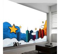Cartoon Style Mural Wallpaper 500 x 280 cm, City Skyline Clouds Wall Murals Bedrooms Large Photo Wallpaper Art Decor Paper Poster for Living Room Kitchen Office Kids