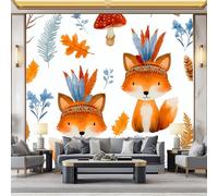 Cartoon Style Mushroom Leaves Animal Fox Wall Mural Wallpaper, Non-Woven Decorative Wallpaper - Premium Wall Print Art W250 x H175 cm for Living Room Bedroom Decoration Poster