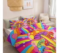 Cartoon Style Mushrooms Stars Duvet Cover, Soft Microfibre Polyester Bedding Quilt Cover, Double 200 x 200 cm, with Pillow cases Bedding Set With Zipper Closure for All Season Bedding Set, Multicolor