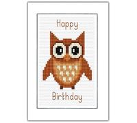 Cartoon Style Owl, Happy Birthday (Pink, Red, Purple, Blue, Aqua, Green & Brown) - 14 Count Cross Stitch Card Kit (Brown)