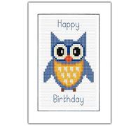 Cartoon Style Owl, Happy Birthday (Pink, Red, Purple, Blue, Aqua, Green & Brown) - 14 Count Cross Stitch Card Kit Free RM48/2nd Class P+P (Blue)